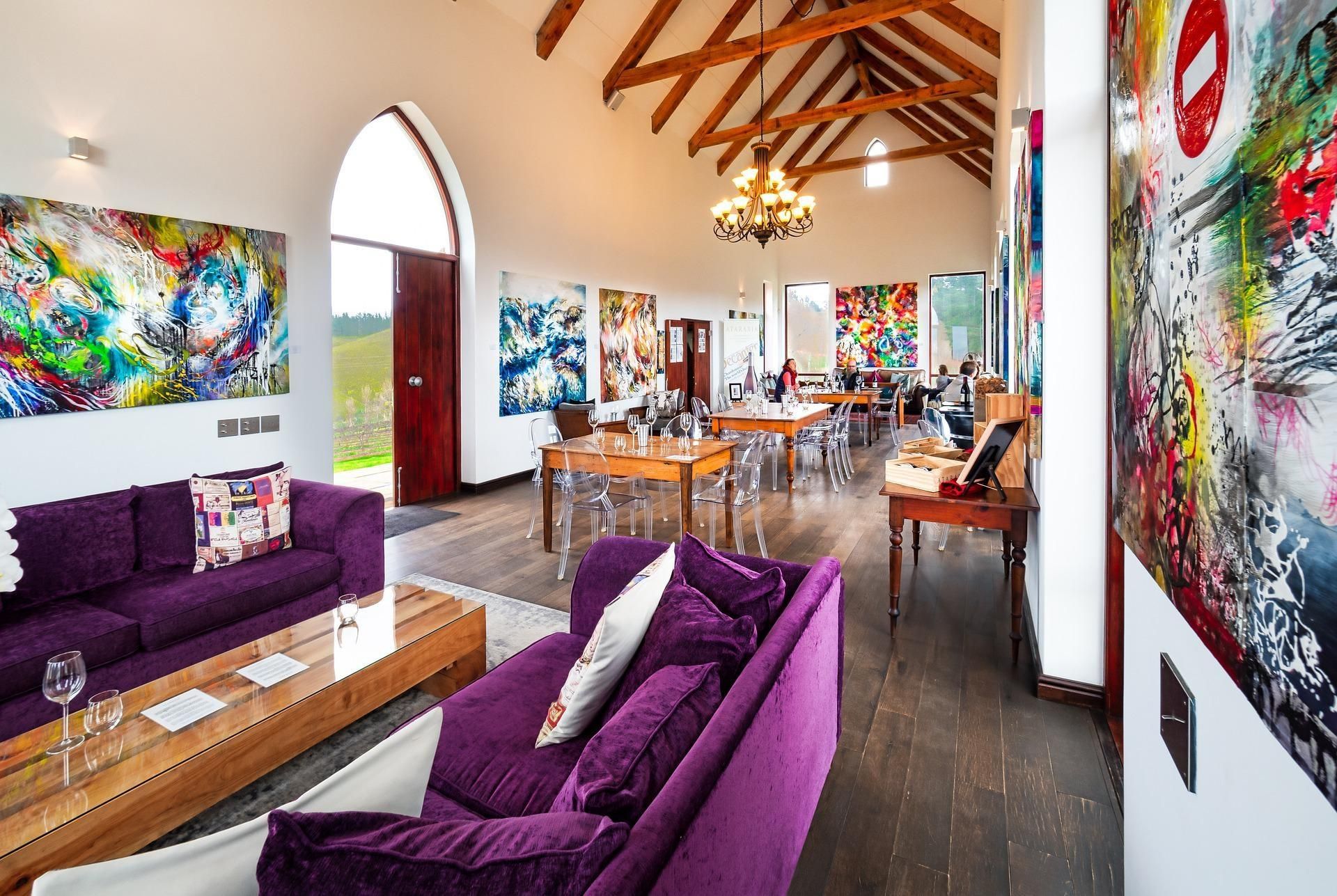 winery with purple couches and hardwood accents